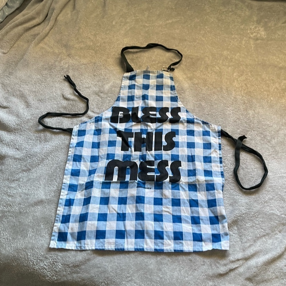 Vintage “Bless This Mess” Blue Checkered Apron